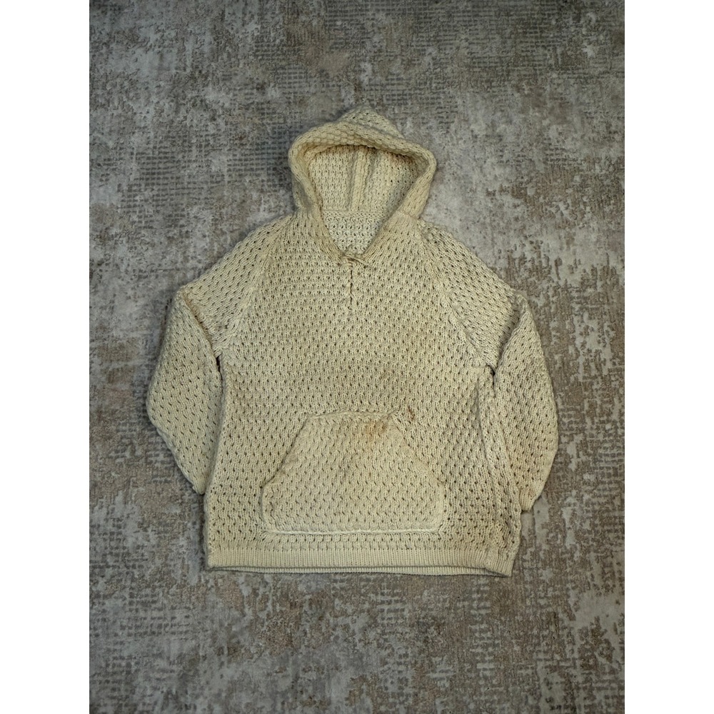 Vintage 70s Hand Knit Cream Hooded Kangaroo Pocket Wool/Cotton Pullover Sweater